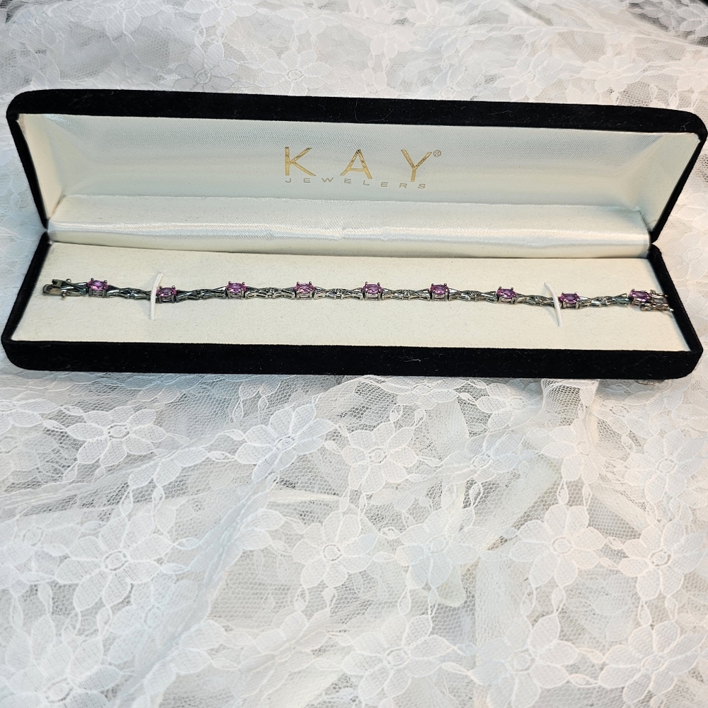 Kay Jewelers • Pink Sapphire Bracelet • .925 SS • Diamond Accents • Birthstone